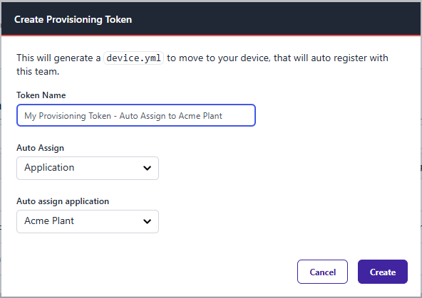 Screenshot of a FlowFuse Remote Instance Provisioning Token